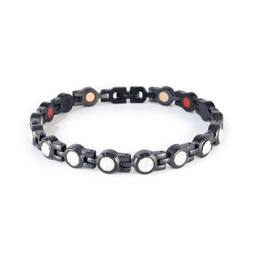 Black stainless steel bracelet with white crystal accents in clasped front display.